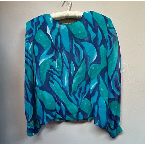 Vintage Spenser Jeremy Women Silk Blouse Size 14 Long Sleeve Blue Green Abstract - Picture 1 of 8